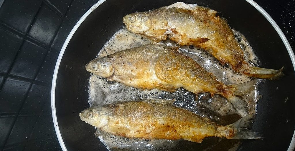 Blaufelchen angebraten in Pfanne