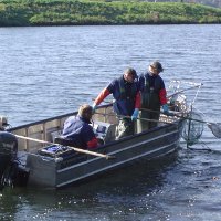 Drei Fischer auf einen Boot im Wasser am fischen