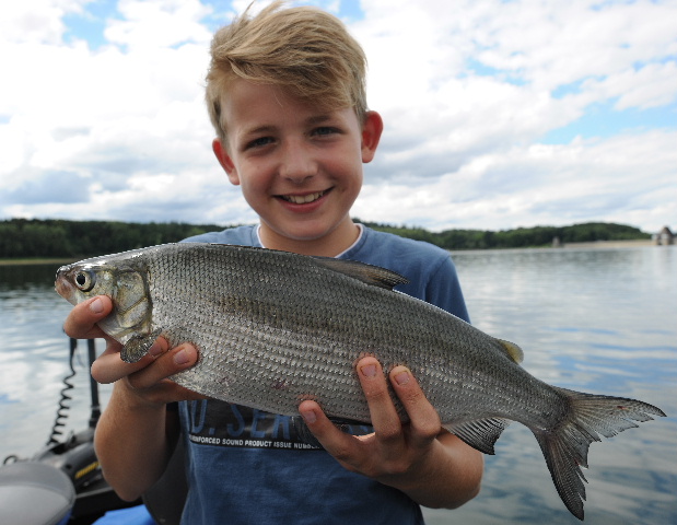 Junger Angler mit Fisch