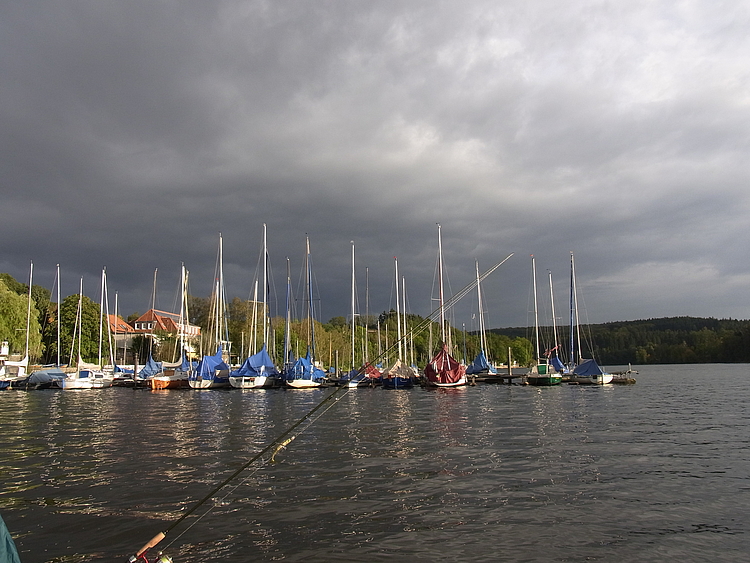 Angel im Vordergrund von Segelbooten am See